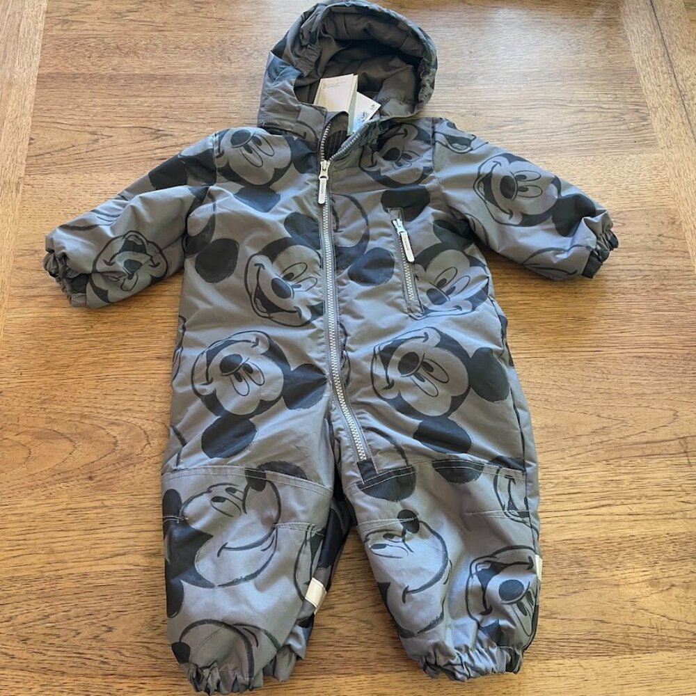 H&M Gray Mickey Mouse Size 12M Boy's Hooded Zip Front One Piece Snow Suit NWT